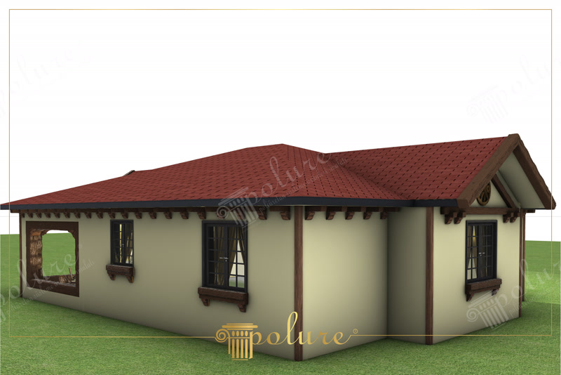 Fațadă de casă unifamilială rustică cu căpriori și grinzi decorative din poliuretan maro pe tencuială crem