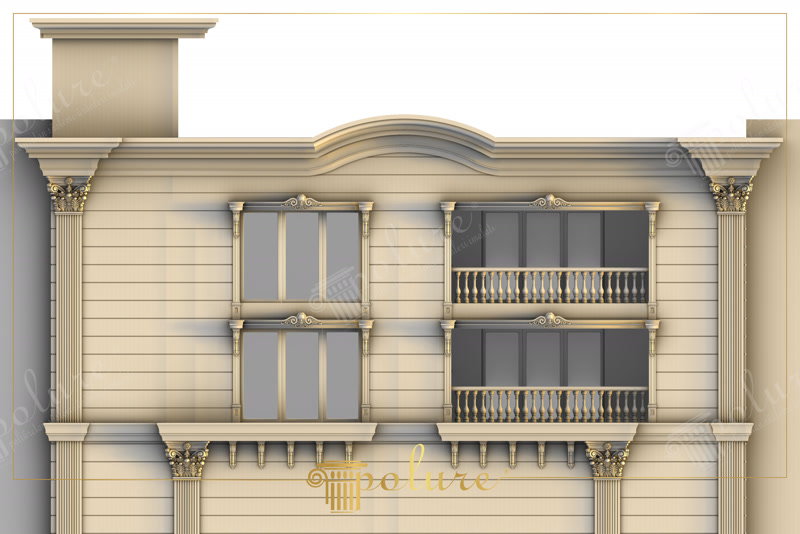 Fațadă clasică decorată cu pilastri din poliuretan, capiteluri corintice, balustrade și ancadramente la ferestre.