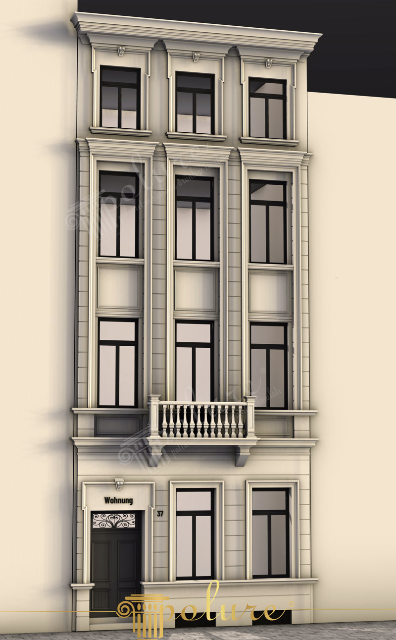 Fațadă clădire neoclasică decorată cu profiluri din poliuretan, balustradă și pilastri pe 4 niveluri.