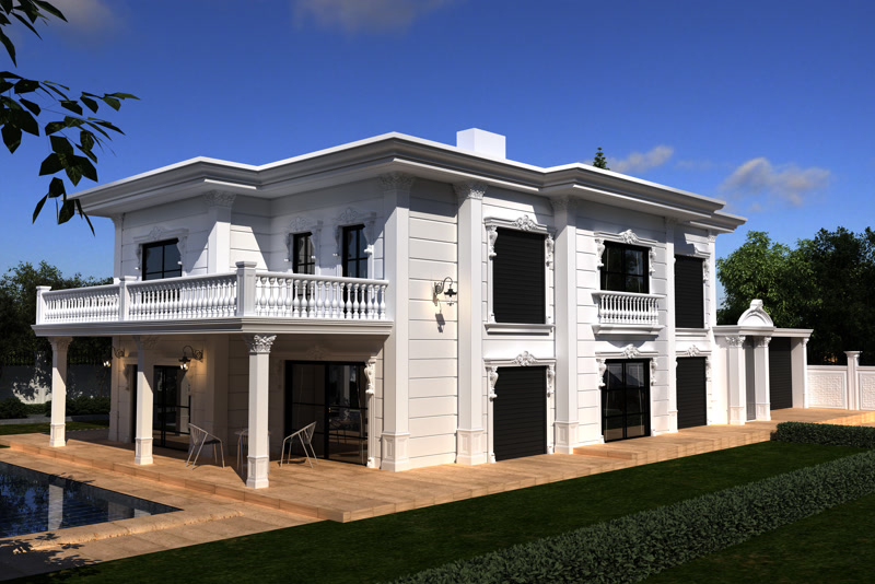 Fațadă albă de vilă cu coloane din poliuretan, balustradă la etaj și ancadramente decorative la ferestre.