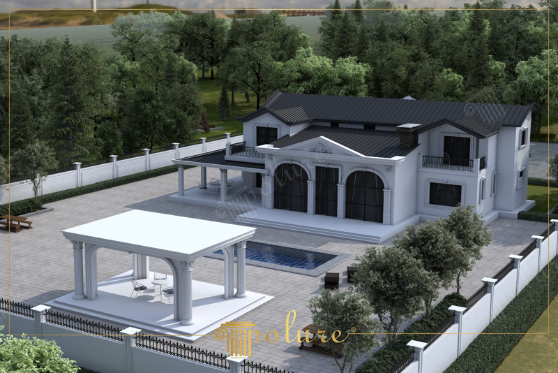 Fațadă de vilă clasică cu coloane din poliuretan, ancadramente de piese decorative și gazebo lângă piscină.