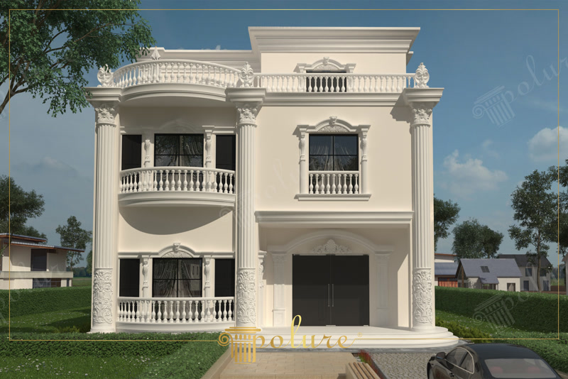 Fațadă albă de vilă clasică cu două niveluri, coloane înalte canelate din poliuretan și balustrade decorative.