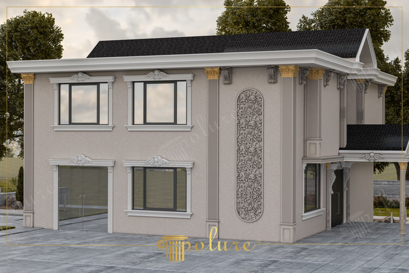 Fațadă de vilă clasică decorată cu pilaștri, ancadramente de fereastră și console din poliuretan în tonuri neutre.