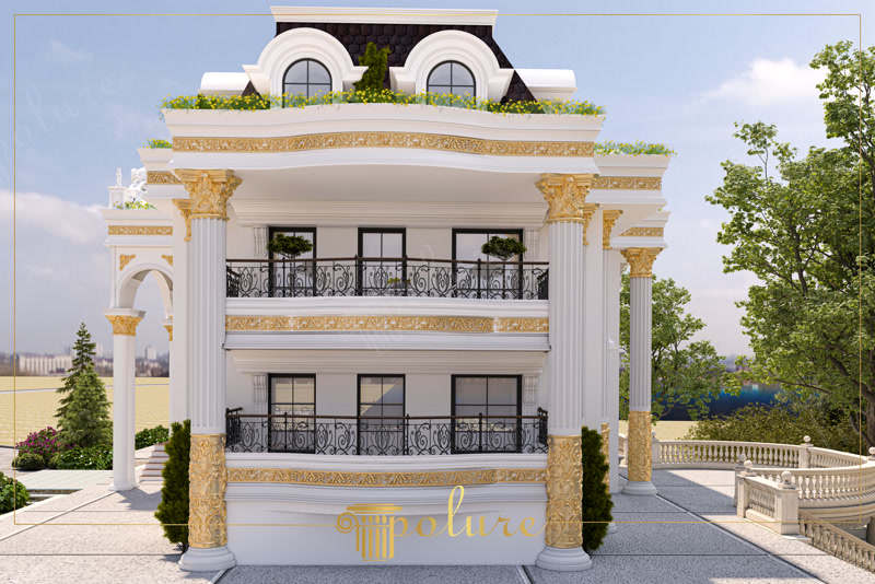 Fațadă albă de vilă neoclasică decorată cu coloane din poliuretan, detalii aurii și balaustradă la balcon.