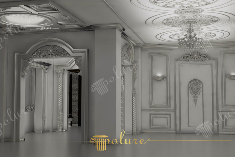 Decor interior clasic cu arcade, coloane canelate și elemente sculptate din poliuretan în tonuri de gri neutru.