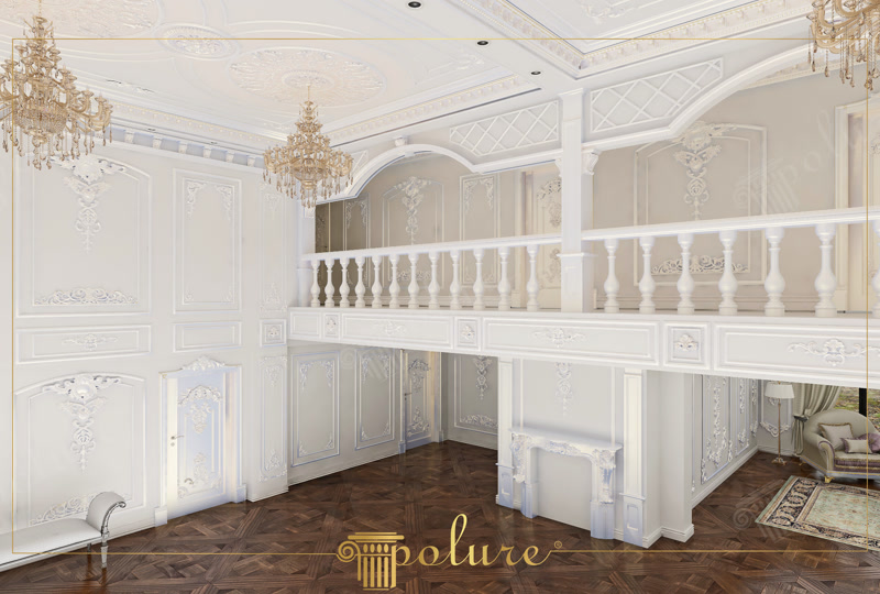 Interior clasic de vilă cu galerie pe două niveluri, decorat cu pilatri și panouri din poliuretan alb.