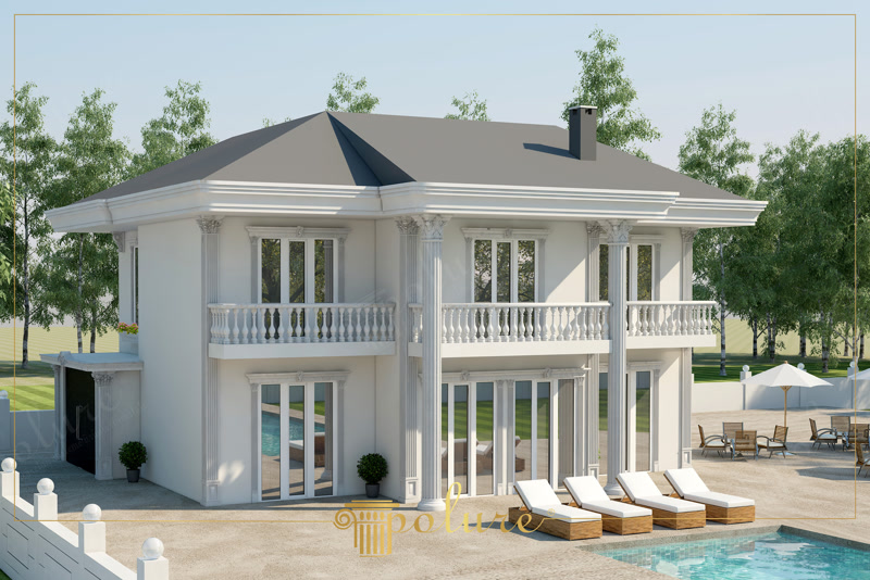 Fațadă albă de vilă cu coloane romane din poliuretan, balustradă la etaj, console decorative și piscină exterioară.