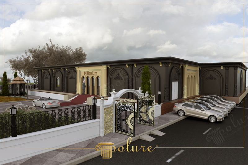 Fațadă exterioară neagră și aurie decorată cu pilatri din poliuretan și poartă ornamentală.