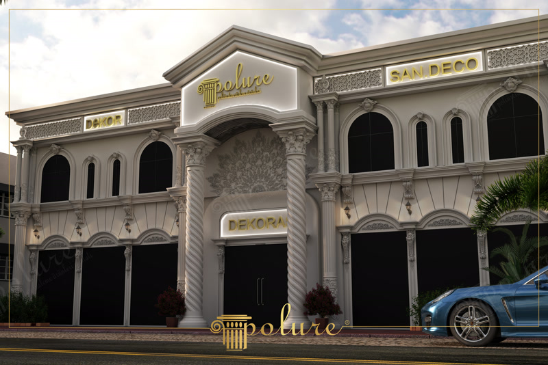 Fatada de spatiu comercial decorata cu coloane torsionate si arcade din poliuretan in stil clasic reinterpretat.