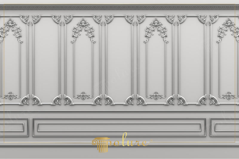 Perete decorat cu profil din poliuretan, cornișă P81160 și ornamente P80115 în stil clasic reinterpretat.