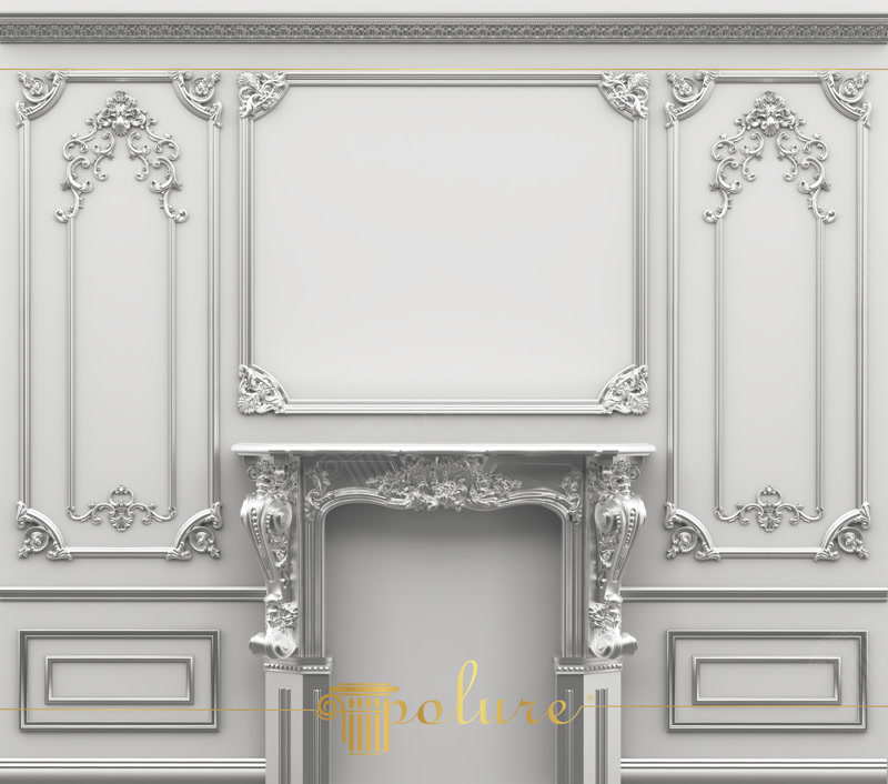 Perete gri decorat cu poliuretan șemineu P8401, chenare dreptunghiulare P85002 și ornamente filigranate P80115.