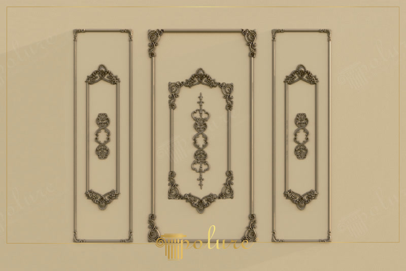Ancadramente decorative din poliuretan pe perete bej în stil clasic simetric cu profile P85002 și ornamente reliefate.