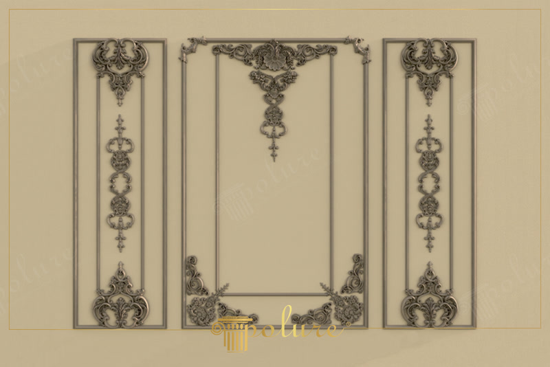 Compoziție din panouri și profile poliuretanice decorative de perete în nuanță bej cu ornamente sculptate simetrice.