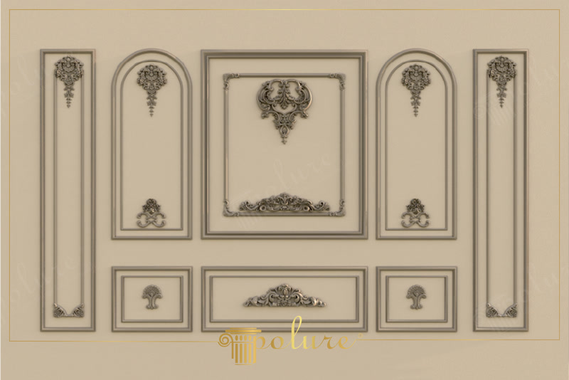 Sistem de panouri decorative din poliuretan cu profiluri P85002 și ornamente P80111 pe perete bej