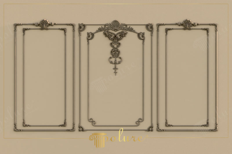 Panouri decorative din poliuretan pe perete bej cu profilat simetric și ornamente sculptate clasice