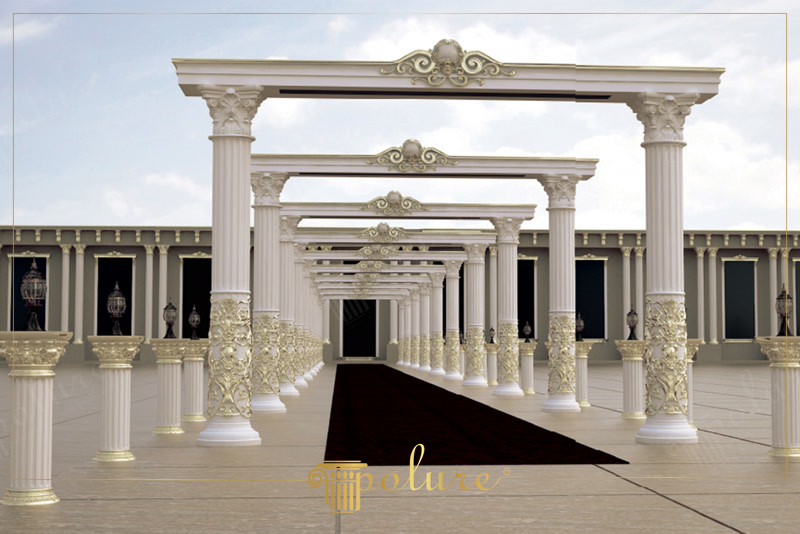 Alee monumentală cu coloane din poliuretan alb și foiță aurie, cu frontoane decorative pe fundal elegant