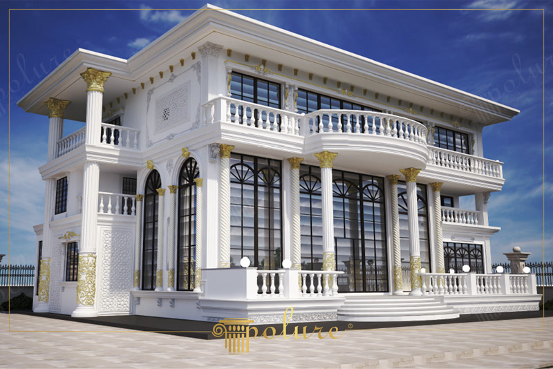 Fațadă albă de vilă clasică decorată cu coloane din poliuretan, capiteluri aurii și balustrade elegante.