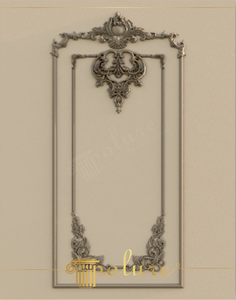 Panou decorativ de perete din poliuretan cu profil P85008, coltare ornamentale P8090 si coroana superioara P80112.