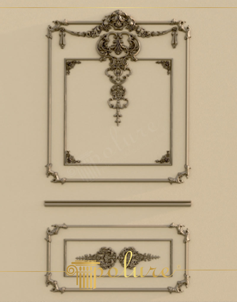 Compoziție simetrică de perete realizată din profile din poliuretan P85008 și ornamente sculptate P8088.
