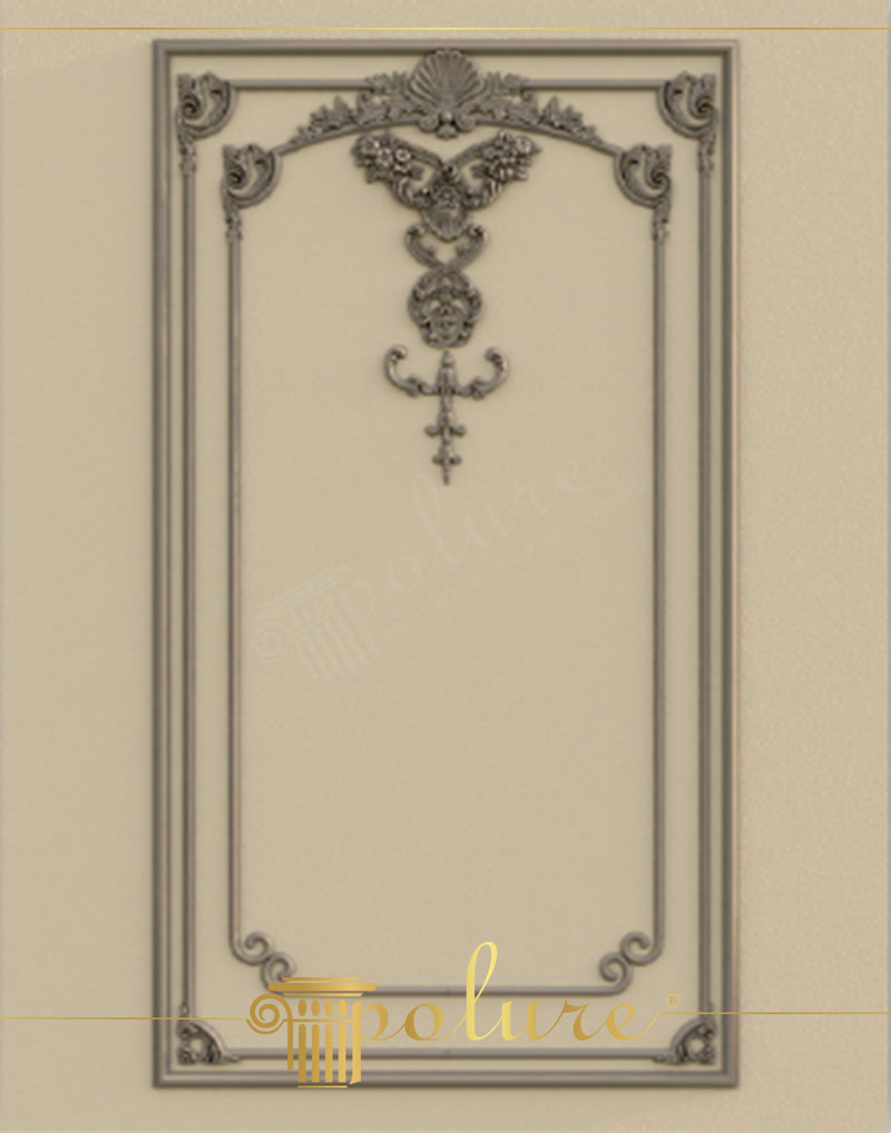 Ancadrament decorativ din poliuretan gri pe fundal bej cu motive clasice P85002 și ornament central P8088B.