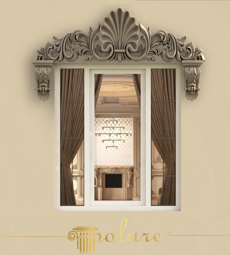 Ancadrament exterior de fereastră din poliuretan cu fronton sculptat P2838 și console ornamentale P9924 în stil neoclasic.
