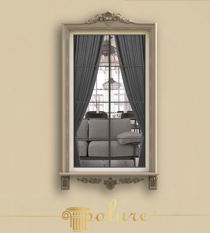 Ancadrament fereastra din poliuretan cu fronton decorativ P215A si console P6006 pe perete bej