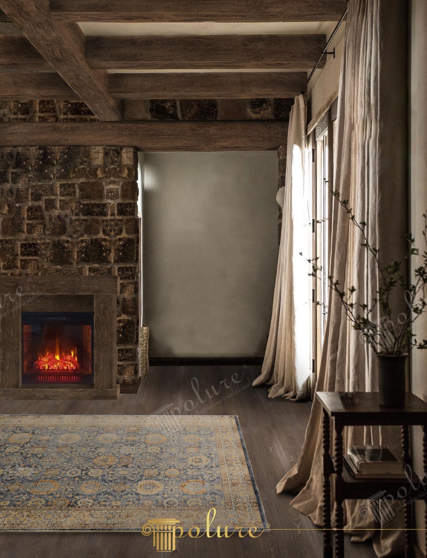 Tavan rustic decorat cu grinzi din poliuretan P1981B și perete din piatră naturală în interior de vilă.