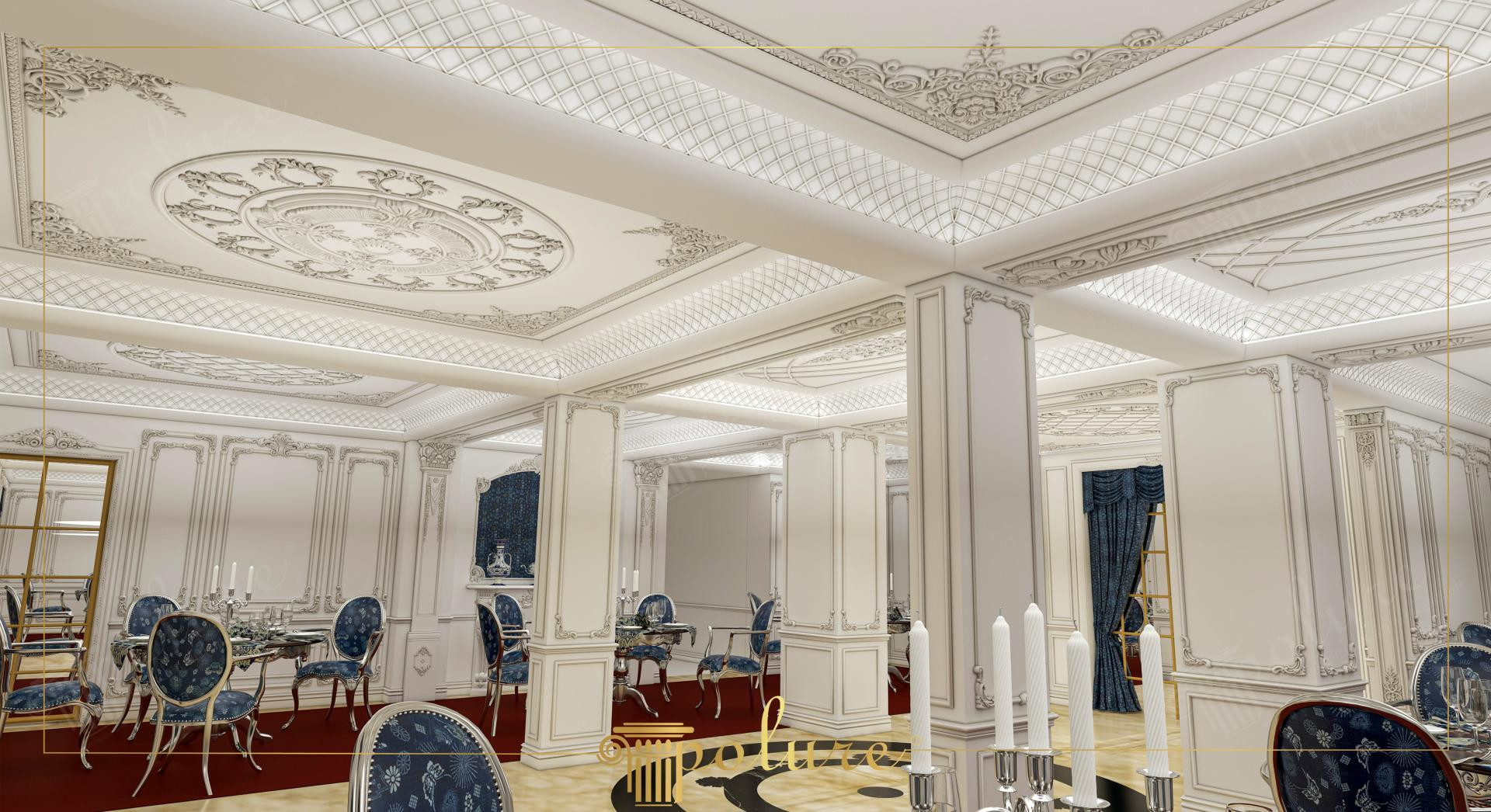 Plafon casetat cu rozetă și perete cu profile decorative din poliuretan într-o sală de festivități clasică