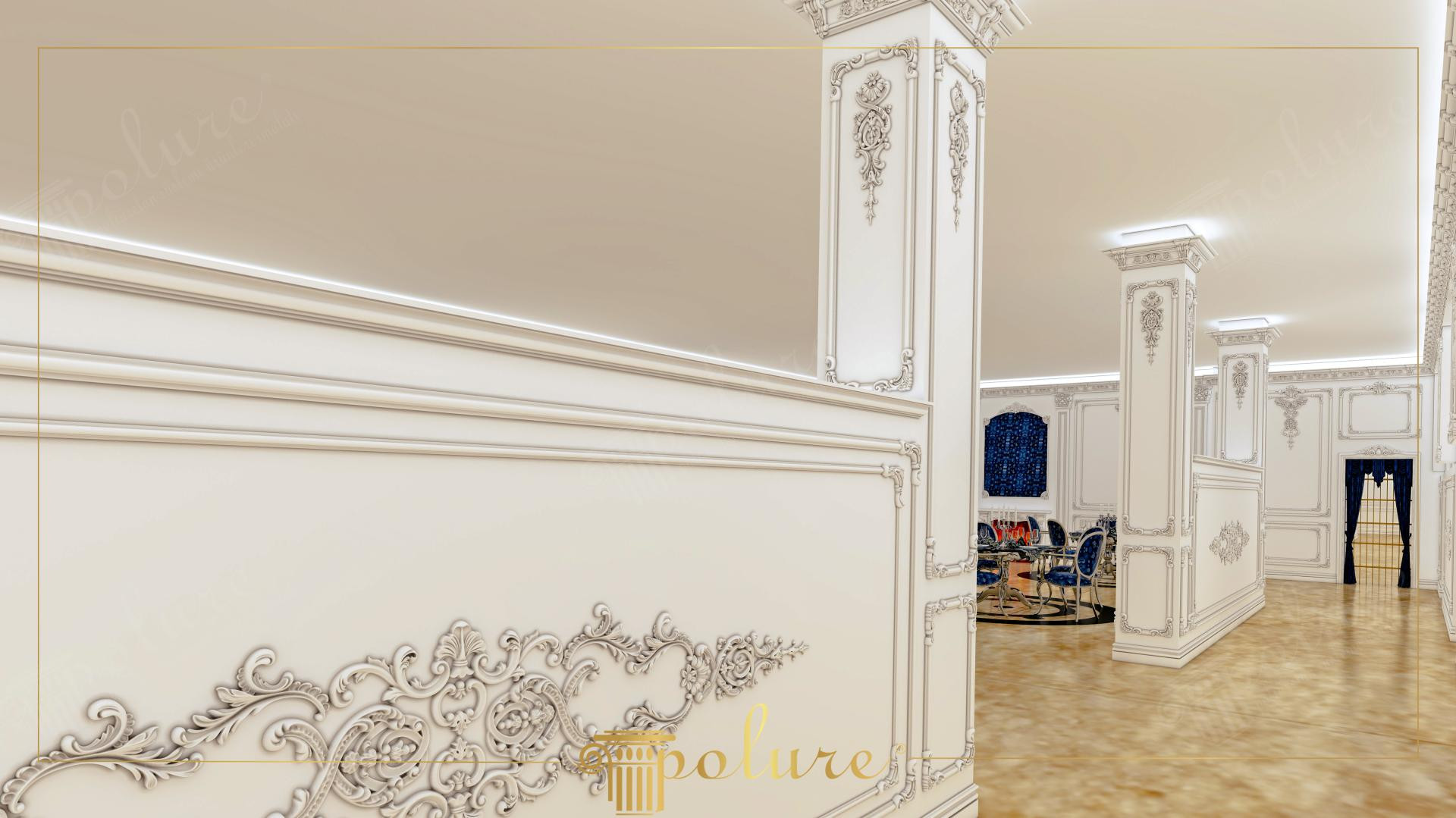 Compartimentare neoclasică cu perete scund și coloană din poliuretan ornamentată în tonuri bej crem.