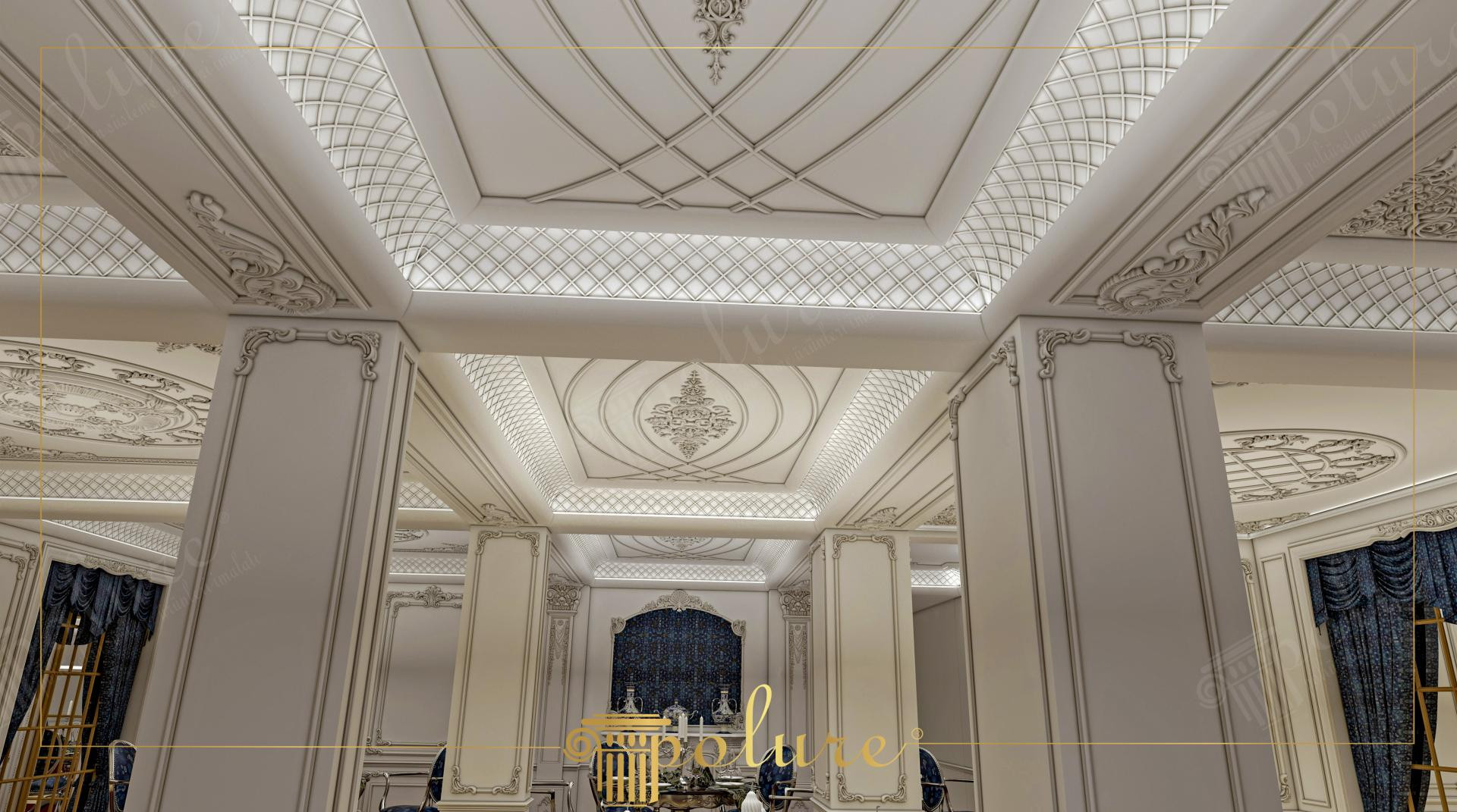 Design de interior clasic cu plafoane casetate din poliuretan, stâlpi masivi cu profile decorative și iluminat mecanic.