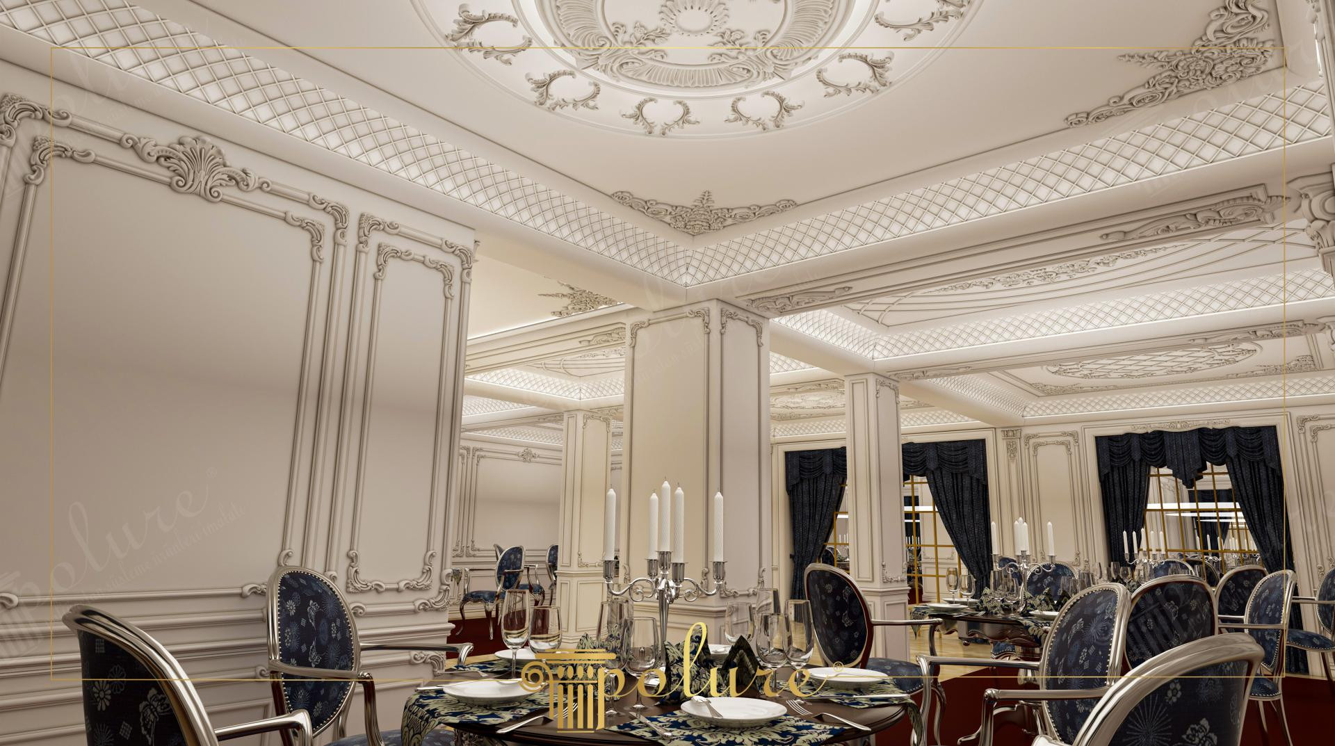 Tavan decorativ din poliuretan cu rozetă sculptată și panouri de perete boiserie într-o sală clasică de evenimente.