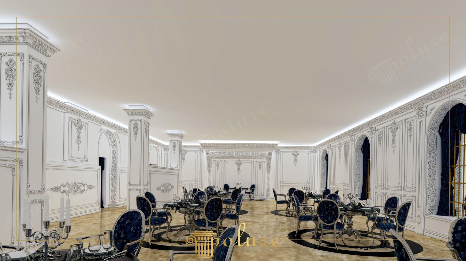 Sala de evenimente cu stucaturi din poliuretan alba, panouri decorative si scaune din catifea albastra.