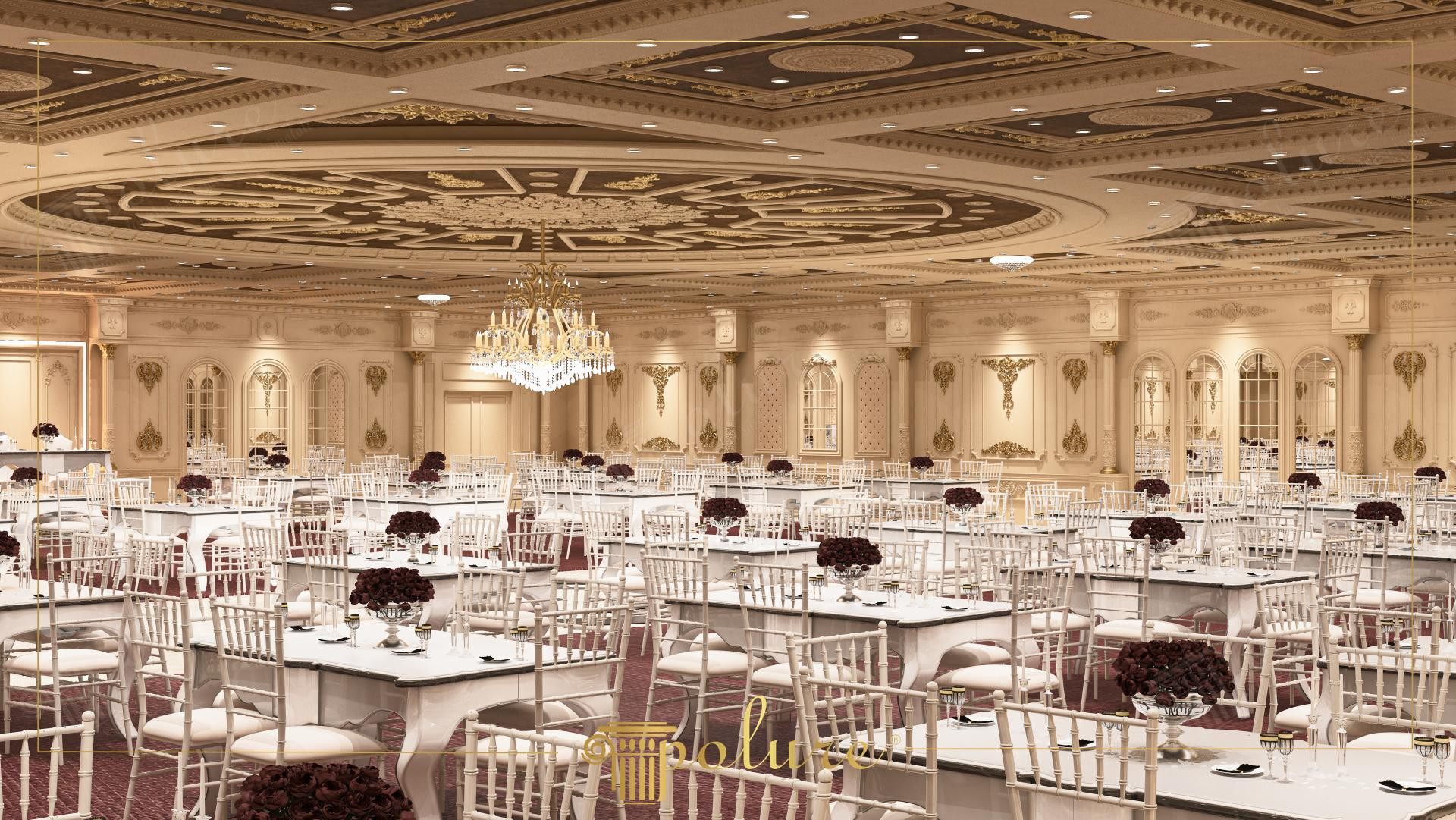 Amenajare interioară de ballroom cu coloane din poliuretan, tavan casetat și ancadramente decorative pe pereți.