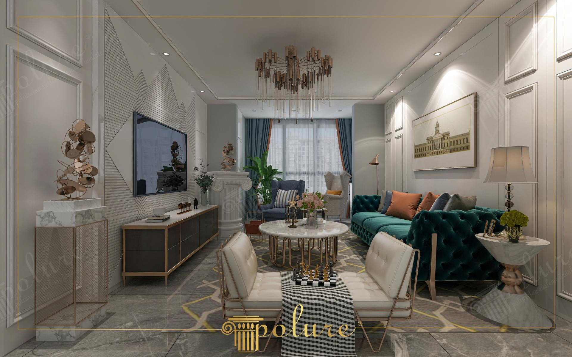 Panouri din poliuretan P36060 cu model geometric pe peretele TV într-un living modern cu canapea verde.