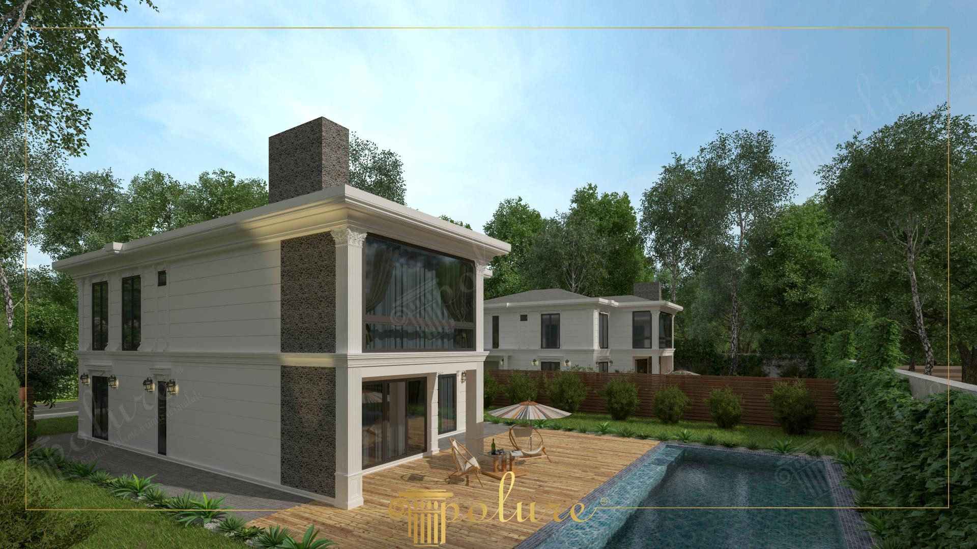 Vilă modernă cu fațadă decorată cu pilaștri din poliuretan, ancadramente la ferestre, terasă din lemn și piscină exterioră