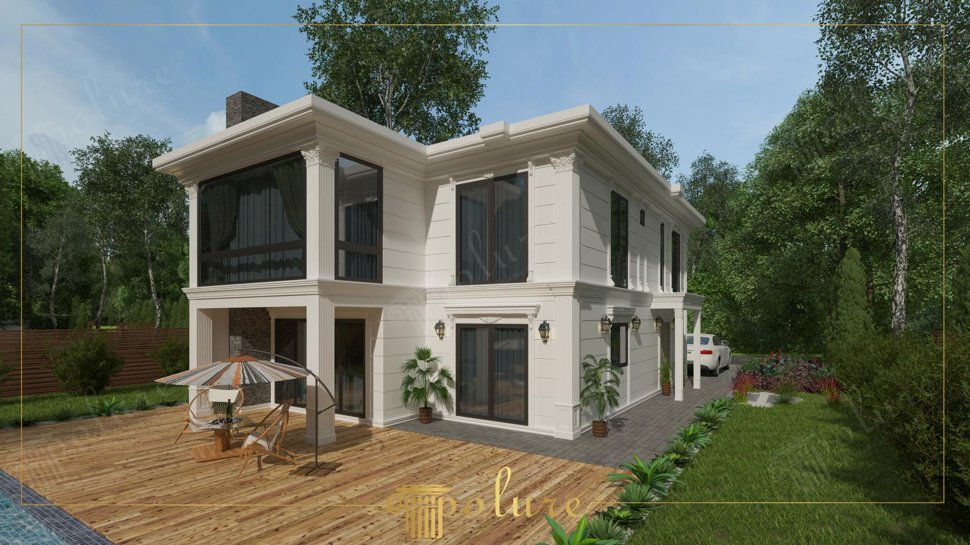 Vilă modernă cu fațadă albă decorată cu ancadramente din poliuretan, pilastri verticali și terasă din lemn.