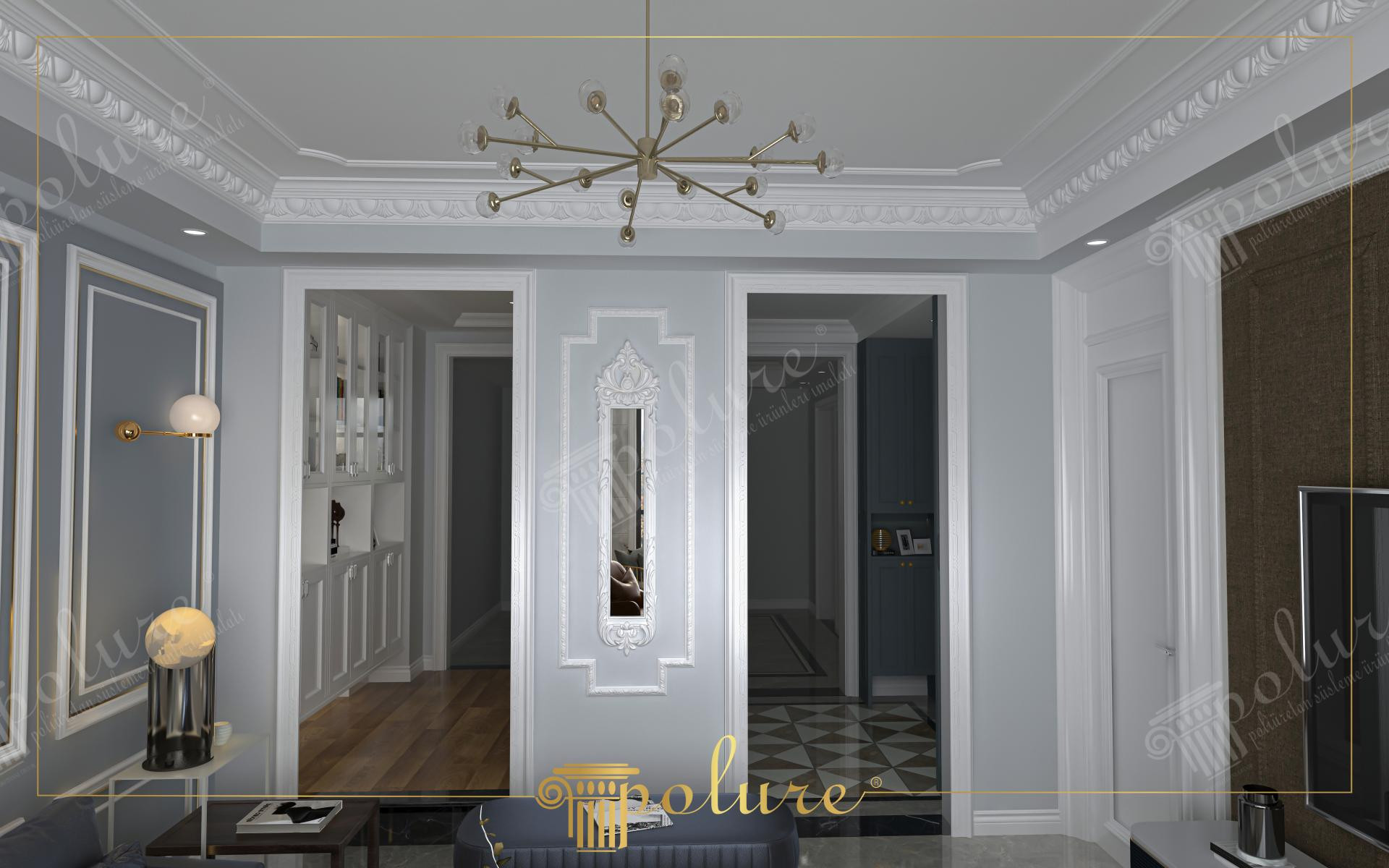 Amenajare living clasic reinterpretat cu profilare din poliuretan albă pe perete gri și candelabru auriu.