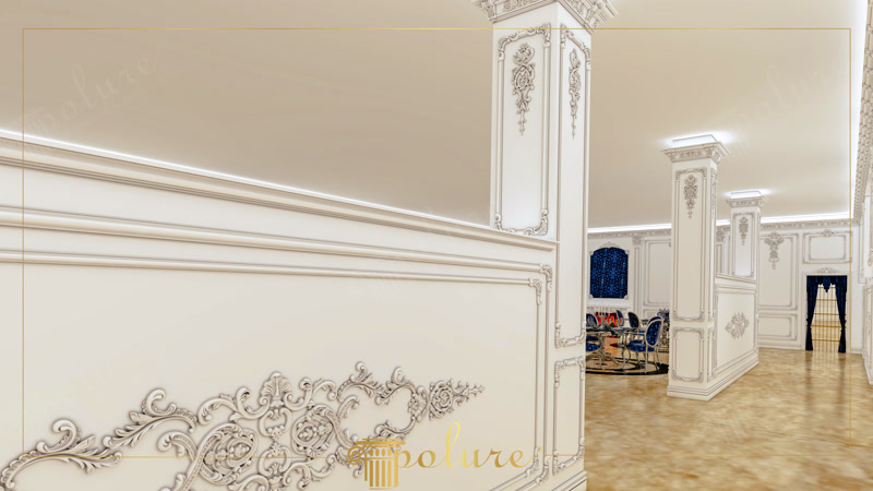 Compartimentare neoclasică cu perete scund și coloană din poliuretan ornamentată în tonuri bej crem.