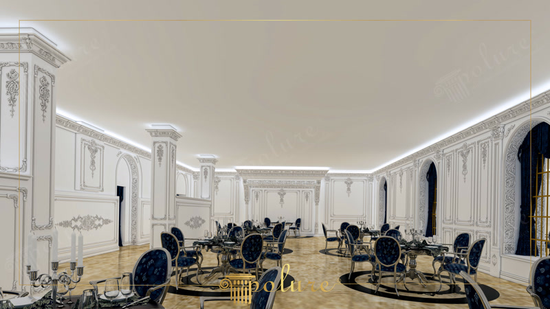 Sala de evenimente cu stucaturi din poliuretan alba, panouri decorative si scaune din catifea albastra.