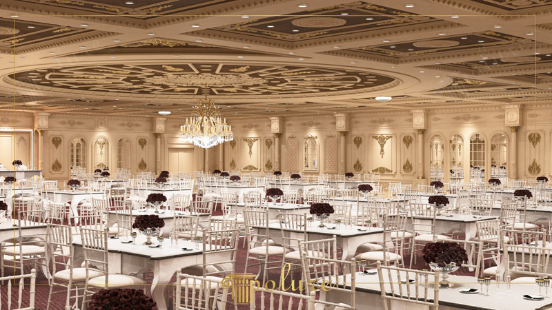 Amenajare interioară de ballroom cu coloane din poliuretan, tavan casetat și ancadramente decorative pe pereți.