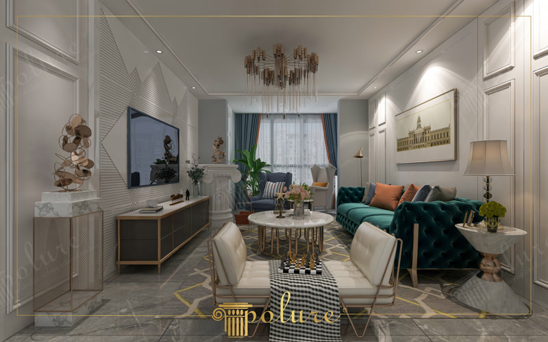 Panouri din poliuretan P36060 cu model geometric pe peretele TV într-un living modern cu canapea verde.