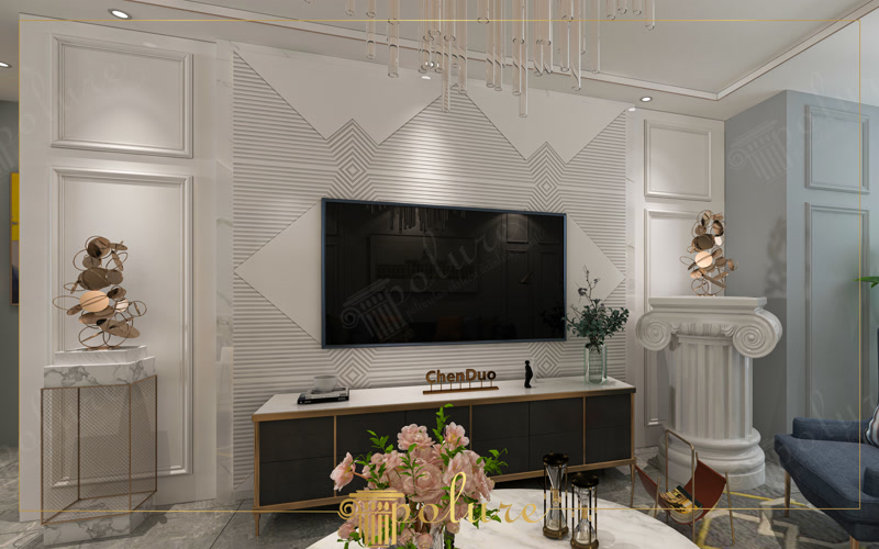 Perete TV decorat cu panouri geometrice din poliuretan P36060 în living modern cu comodă antracit.