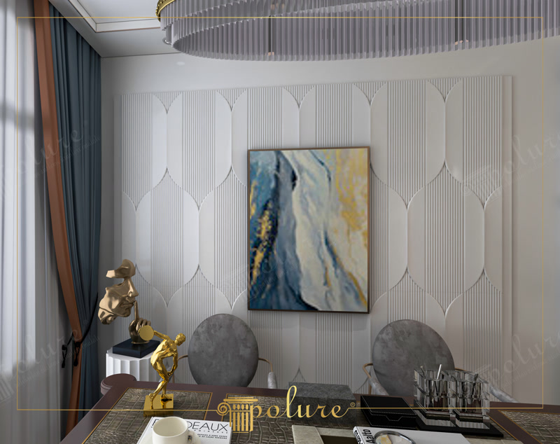 Perete decorat cu panouri din poliuretan P312020 cu textura canelata si tablou abstract intr-un birou modern.