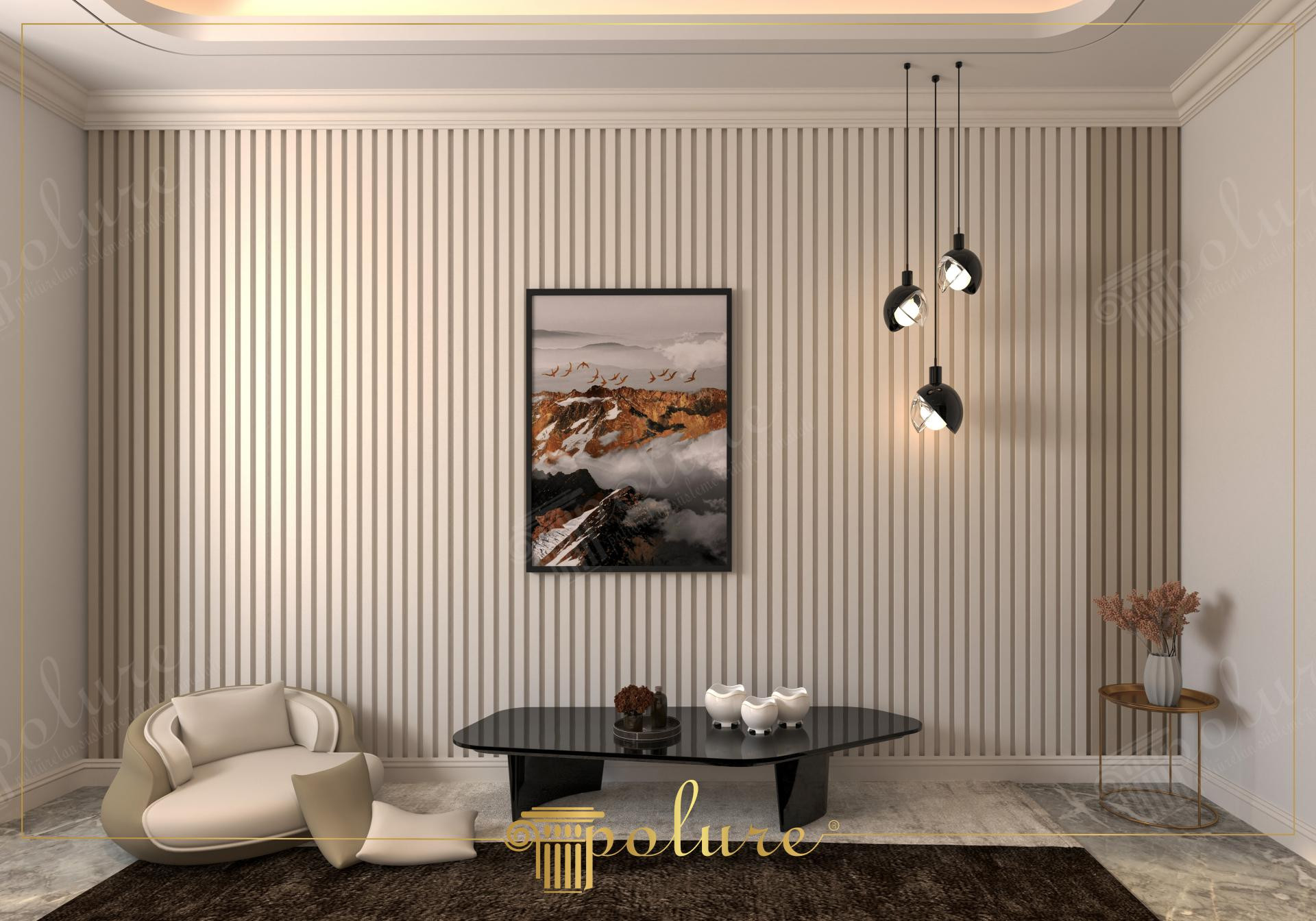 Panouri verticale din poliuretan P851350BU și plintă P85050 într-un living modern cu iluminat suspendat