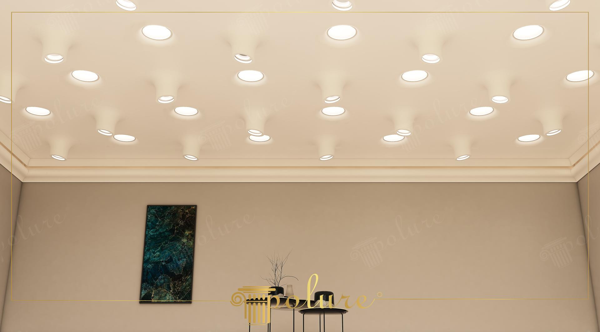 Plafon modern cu profile din poliuretan P81376 și corpuri de iluminat încastrate PA501 într-un living stil contemporan.