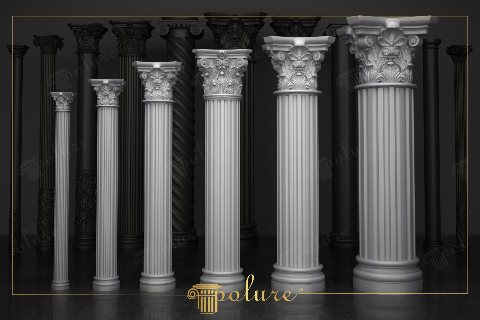 Coloane decorative din poliuretan cu capitelt corintic și caneluri verticale pe fundal întunecat pentru amenajări.