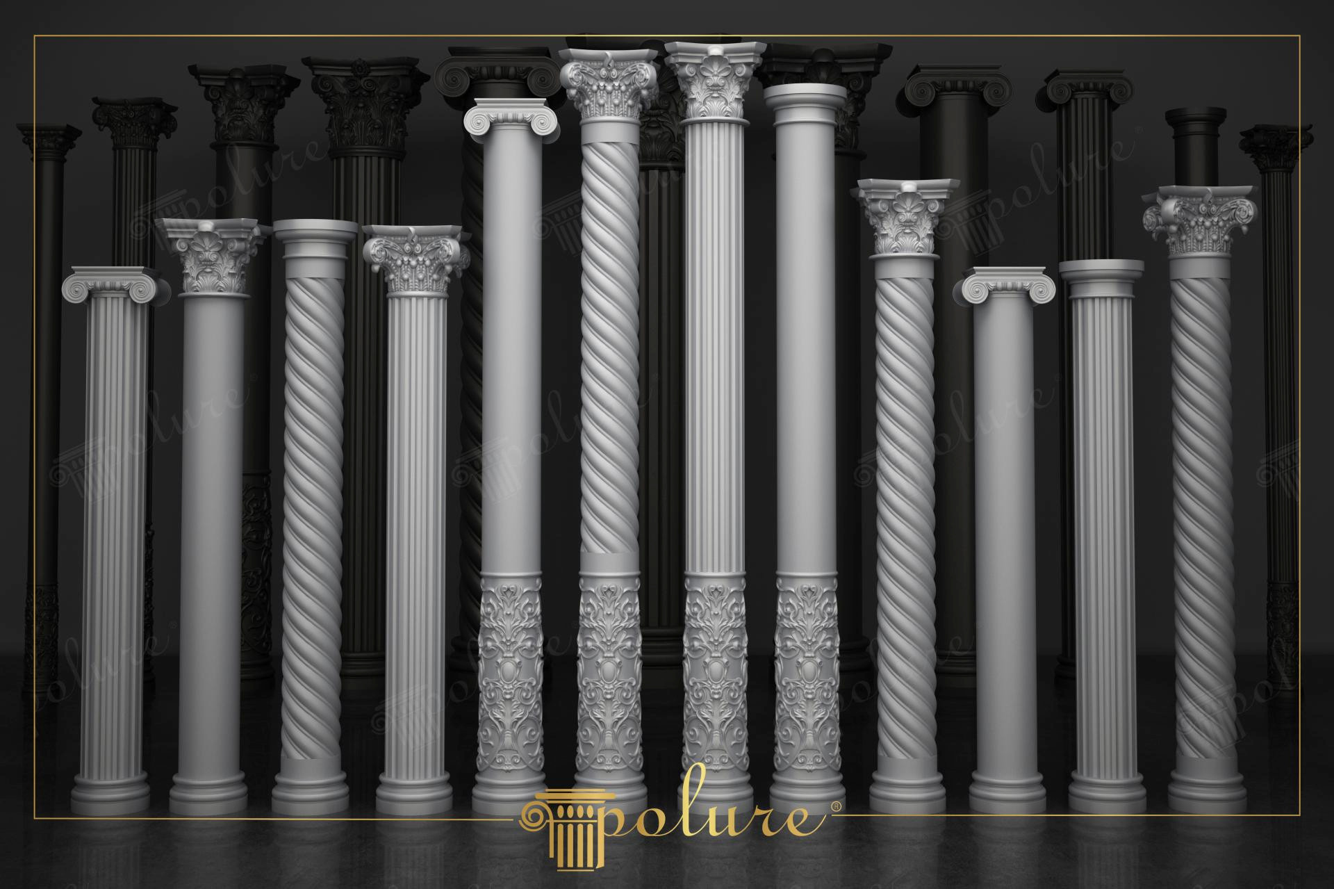 Gama de coloane decorative din poliuretan cu texturi canelate și răsucite, capiteluri corintice și baze sculptate pe fundal închis.