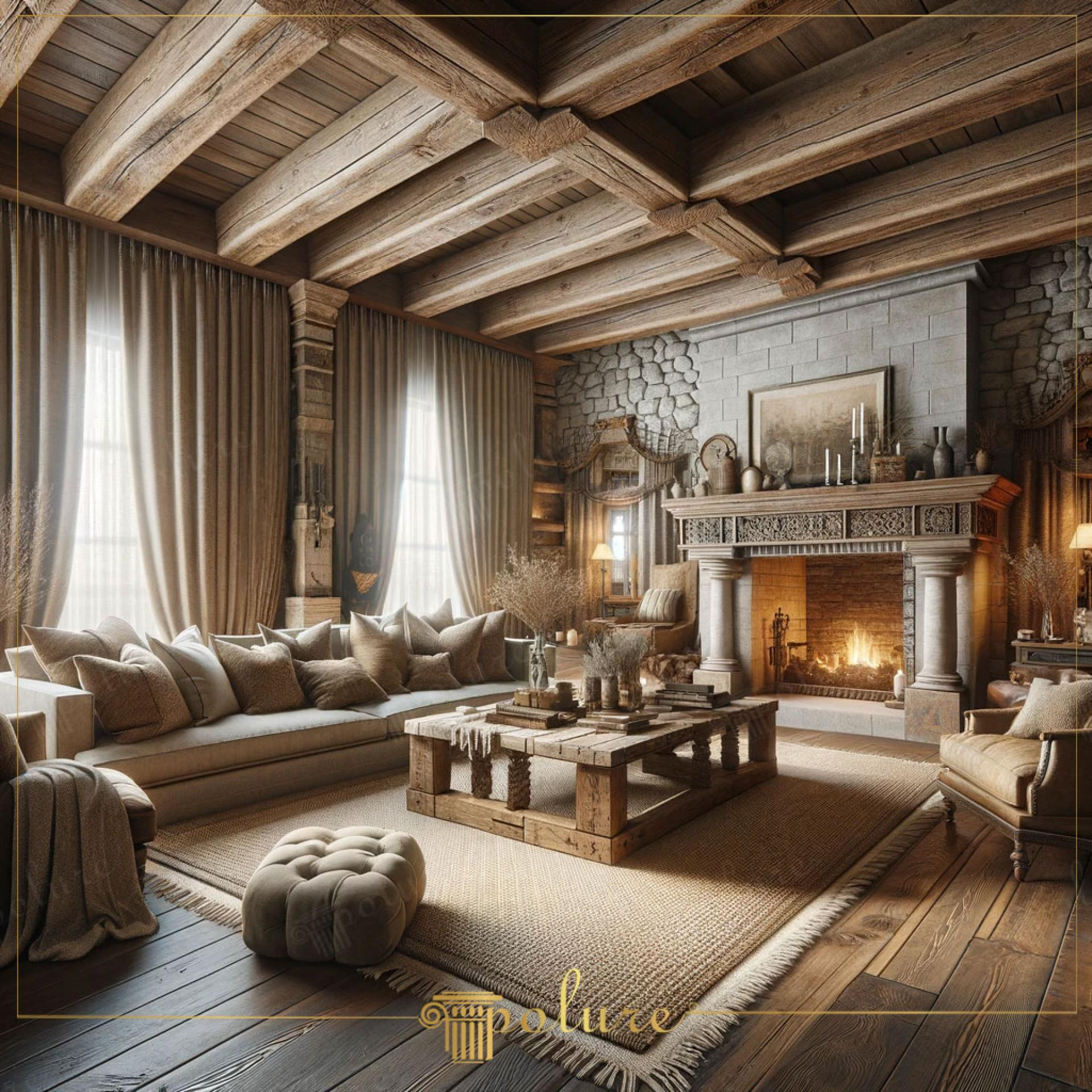 Living rustic cu tavan casetat din grinzi din poliuretan seria P1981, șemineu din piatră și piese de mobilier calde