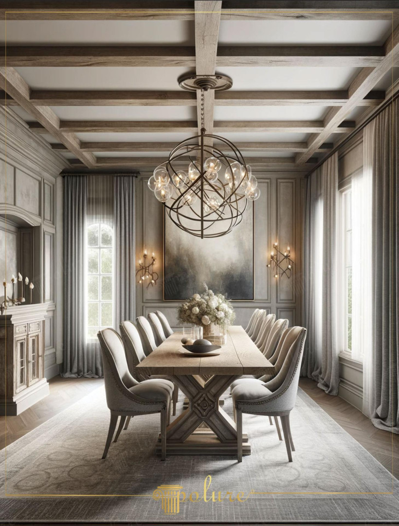 Tavan casetat din grinzi decorative din poliuretan într-o sală de dining elegantă cu masă din lemn masiv.