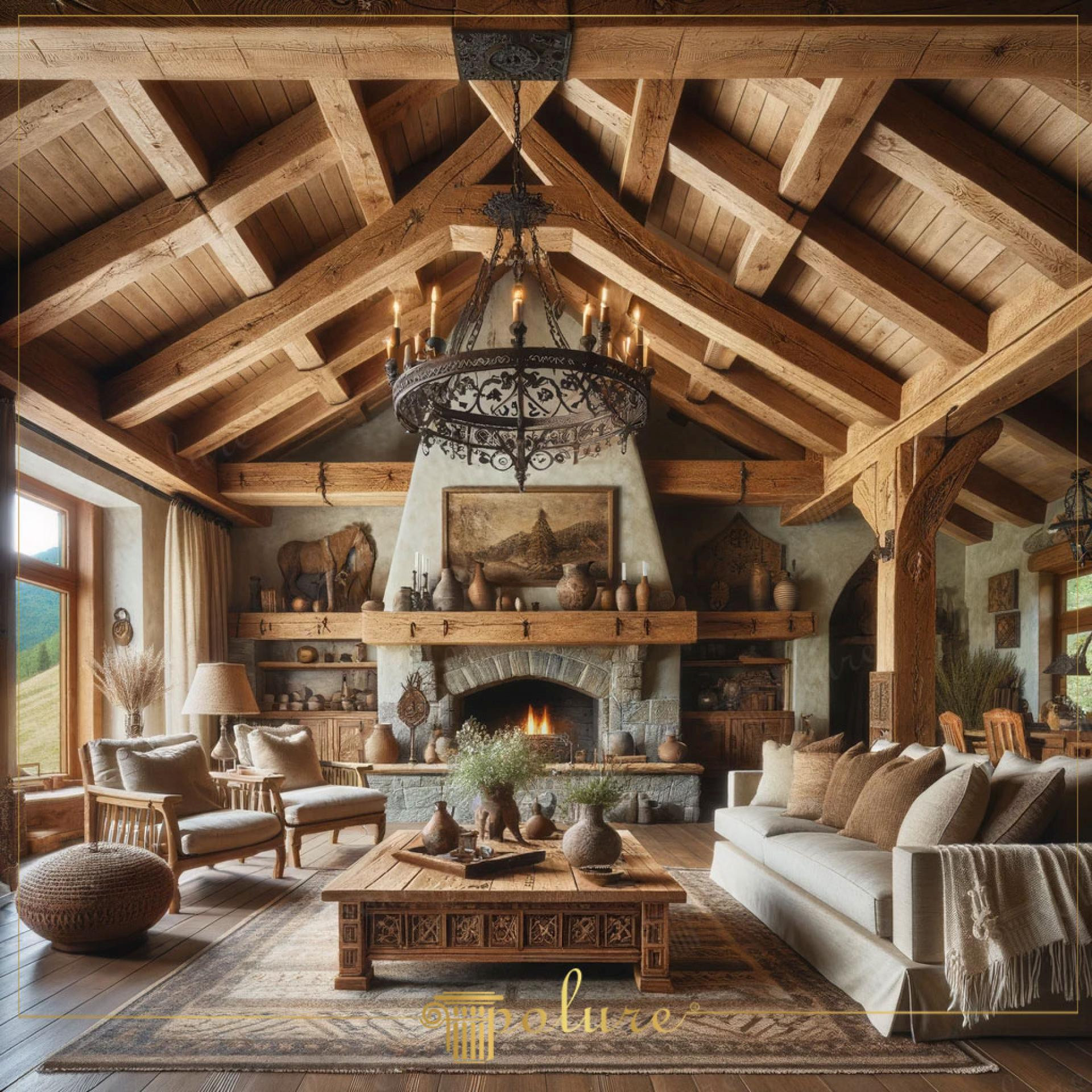 Tavan neregulat cu grinzi decorative din poliuretan P1981A și șemineu din piatră într-un living rustic spațios.